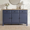 [Blue] Blue 3 Door Sideboard with 3 Drawers, 135cm Oak Veneer Top straight-on view highlighting its dark blue front.