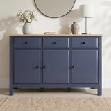 [Blue] Blue 3 Door Sideboard with 3 Drawers, 135cm Oak Veneer Top straight-on view highlighting its dark blue front.