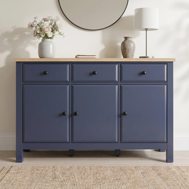 [Blue] Blue 3 Door Sideboard with 3 Drawers, 135cm Oak Veneer Top straight-on view highlighting its dark blue front.