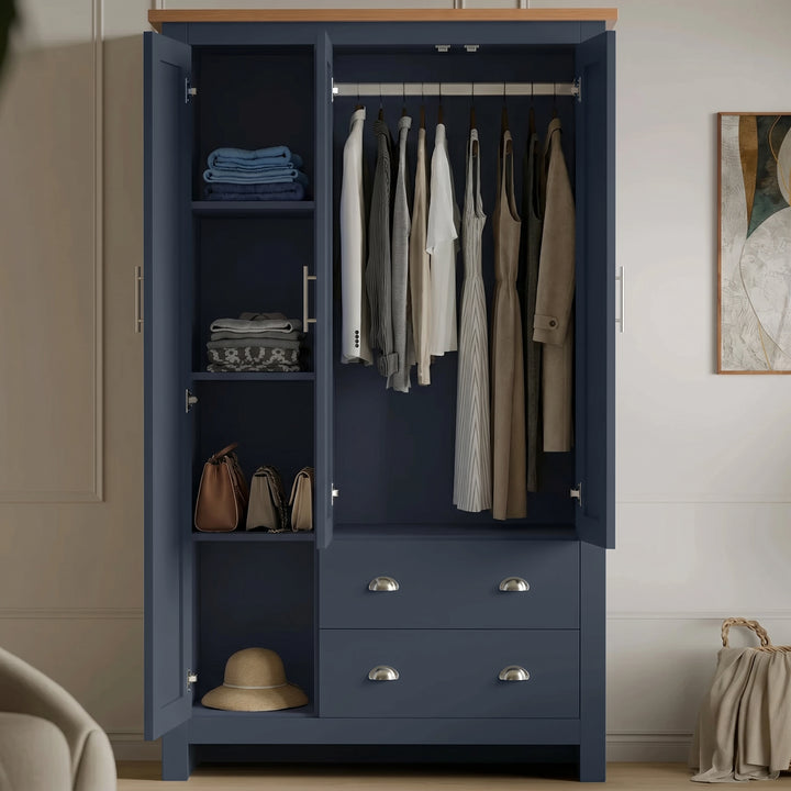 [Blue] Shaker Triple Wardrobe With Drawers And Shelves open showing neat clothes hanging, side shelving
