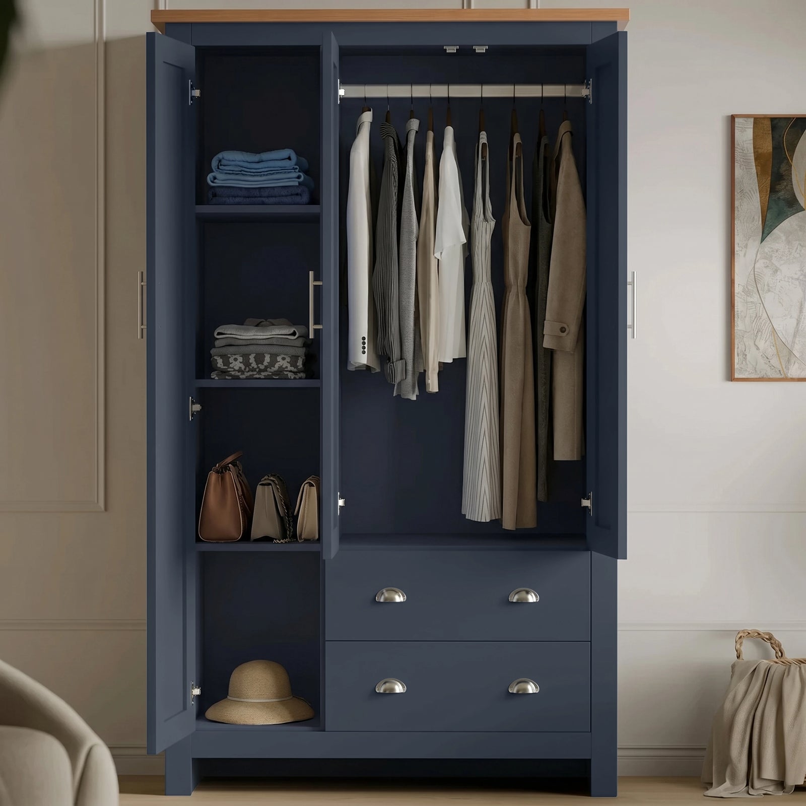 [Blue] Shaker Triple Wardrobe With Drawers And Shelves open showing neat clothes hanging, side shelving, and bags.