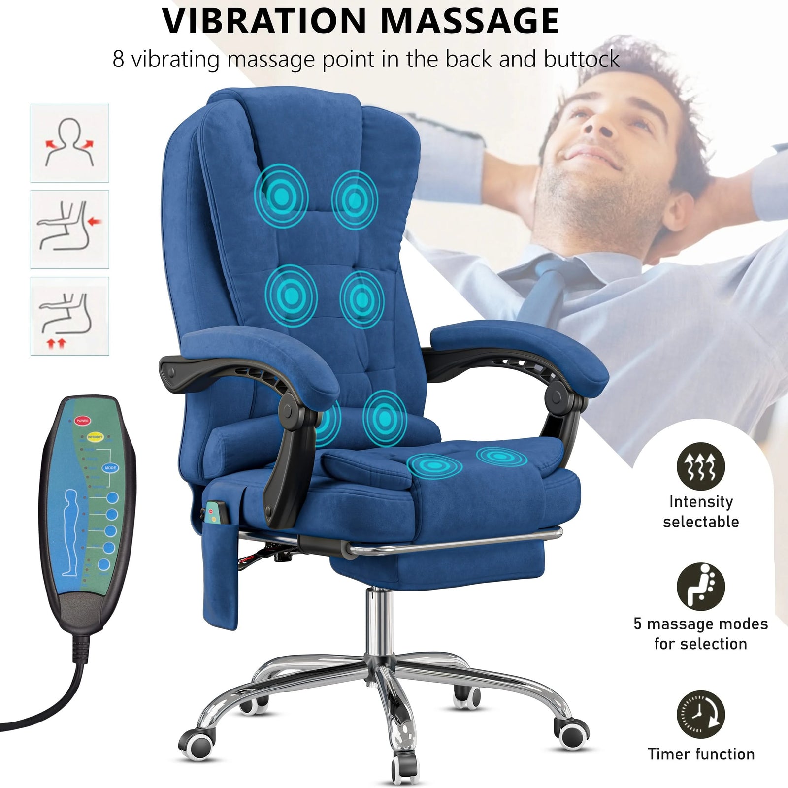 [Blue Velvet] blue office chair with massage feature graphic and inset showing remote for customising vibration settings