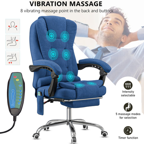 blue office chair with massage feature graphic and inset showing remote for customising vibration settings