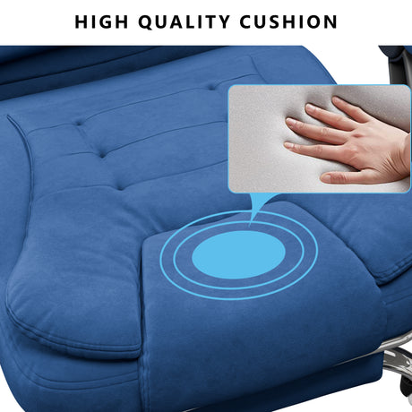 heated office chair in soft blue velvet featuring plush seat padding for lasting comfort during long workdays