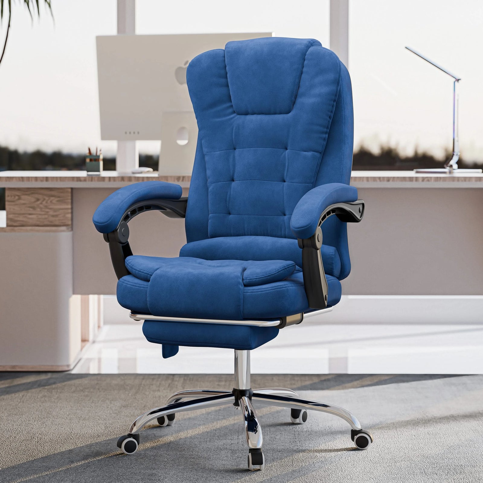 [Blue Velvet] blue velvet office chair styled in a bright home office, adding elegance and comfort to your workspace