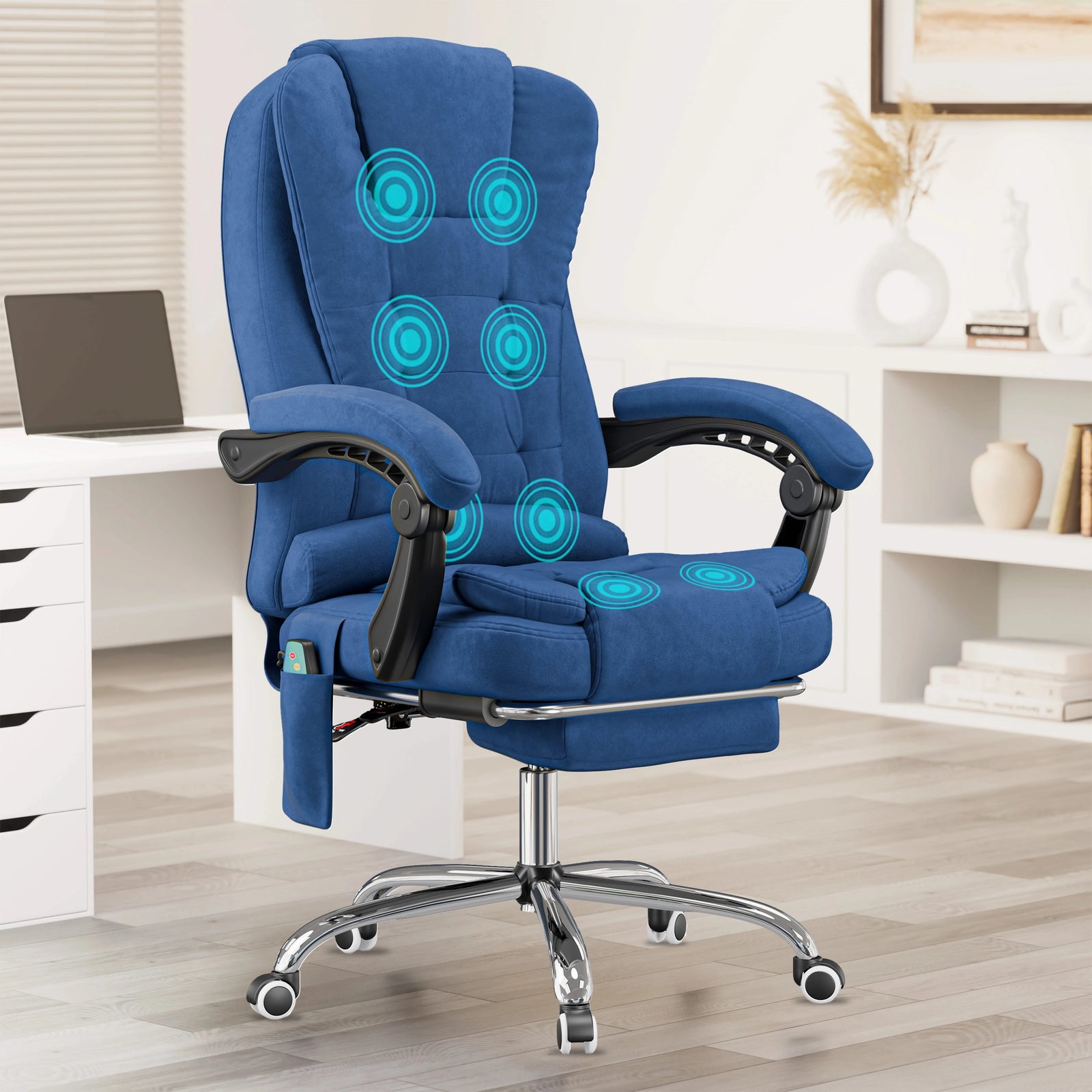 [Blue Velvet] elegant blue velvet swivel office chair with recline and massage function styled in a bright home office nook