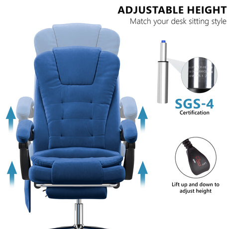 blue velvet vibrating desk chair with up-down movement graphic and close-up showing certified piston and knob adjuster