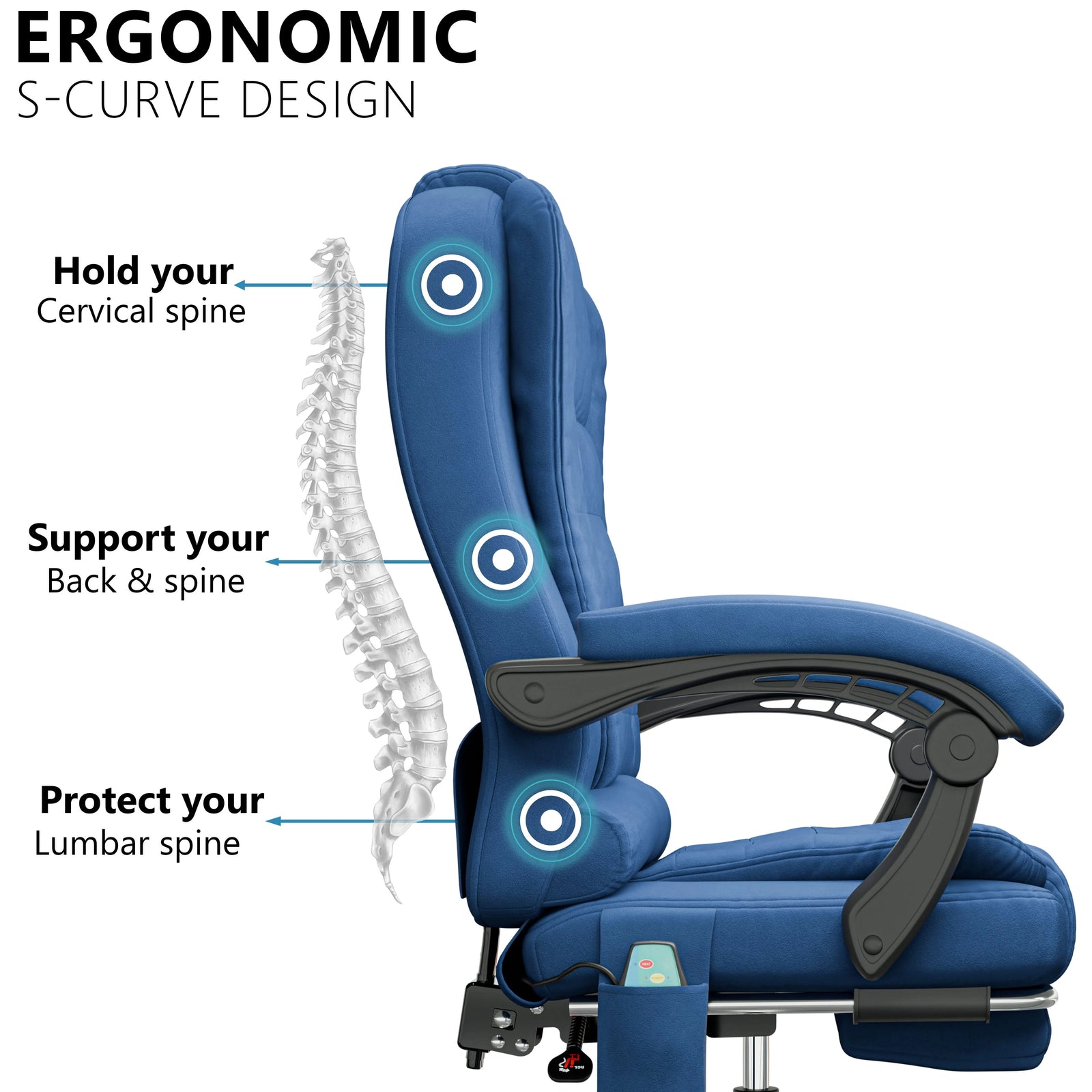 [Blue Velvet] ergonomic desk chair in soft blue velvet highlighting contoured lumbar support for better posture and comfort