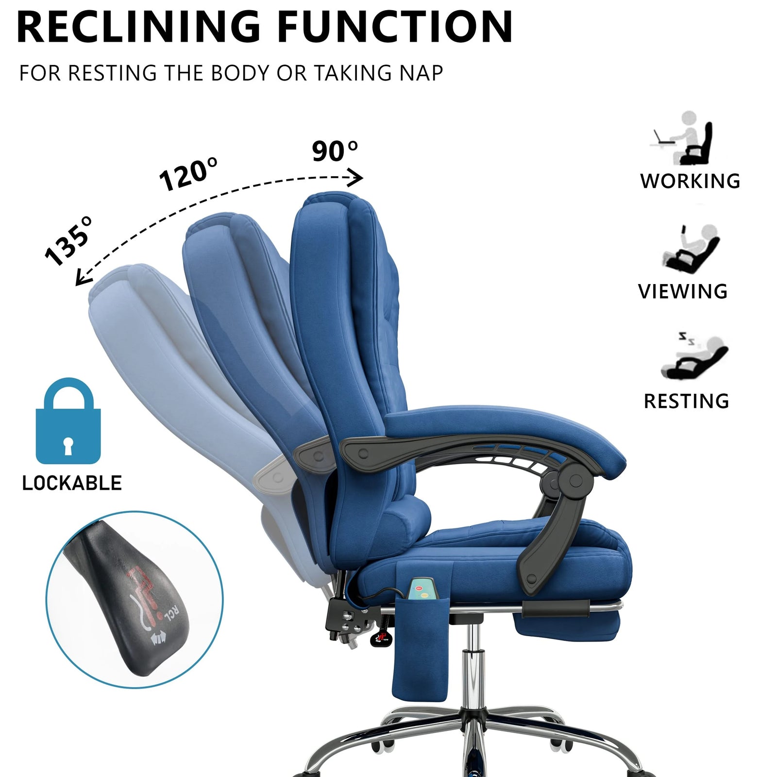 [Blue Velvet] reclining massage chair in blue velvet with tilt range graphics and knob detail shown in close-up inset