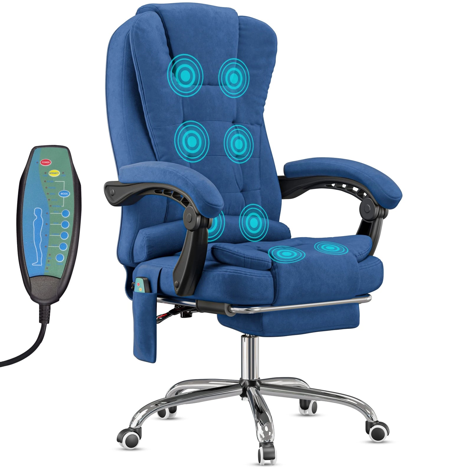 [Blue Velvet] 8 point massage office chair in blue velvet finish with elegant look and remote-controlled massage functions