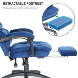 The blue velvet ergonomic office chair reclined with hinged armrests moved back and footrest out.