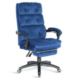 Front view of the blue velvet blue office chair showing plush cushioning and adjustable height.