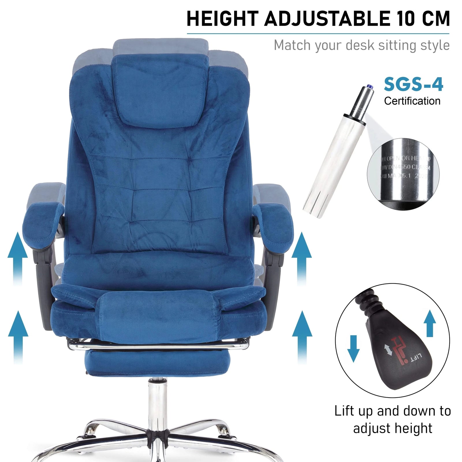 [Blue Velvet] swivel reclining chair with height adjustment, ergonomic design, and cushioned seating for comfort
