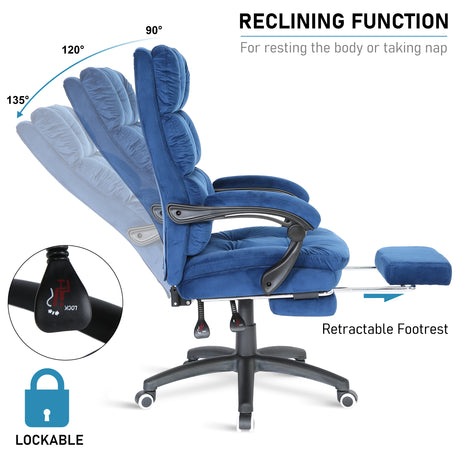 Blue velvet executive office chair with reclining function & retractable footrest for added comfort.