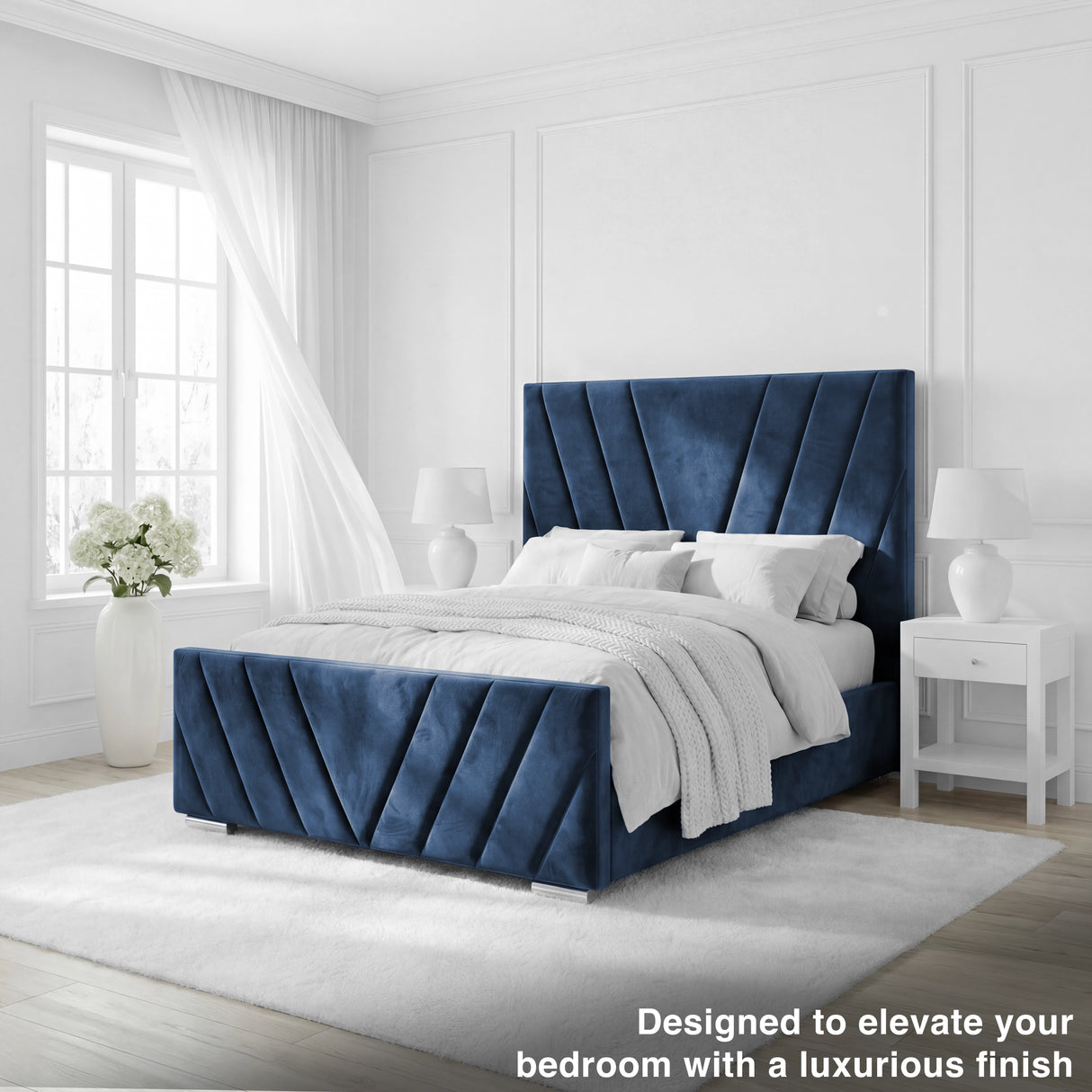 V-shaped design on the frame of the blue velvet ottoman bed, emphasizing its modern aesthetic and fabric texture