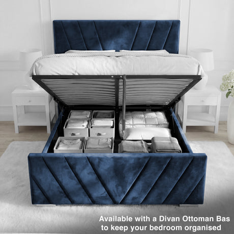 Opened storage compartment beneath the blue velvet ottoman double bed, showcasing spacious hidden storage