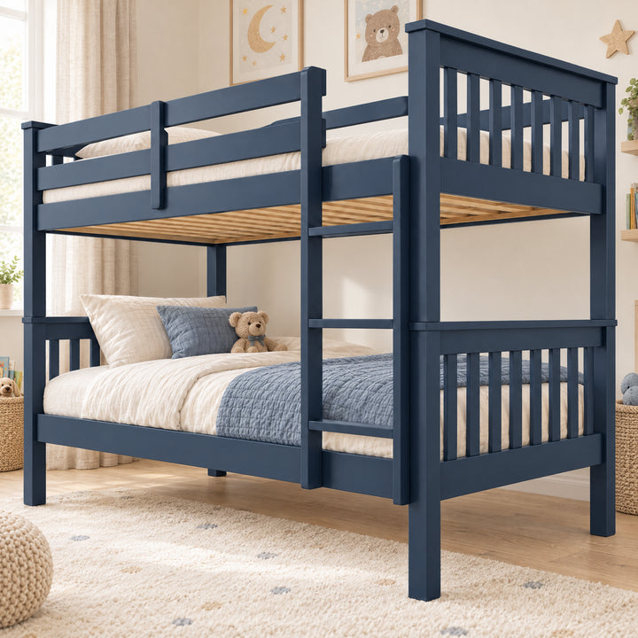 [Blue] Bedroom view showing the bunk bed with bedding, pillows, a teddy bear, ladder, upper rails, and framed art.