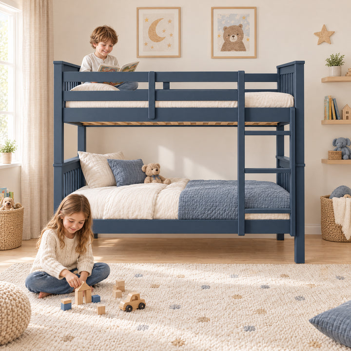 [Blue] Bedroom scene showing a child reading on the upper bunk, another playing on a rug, bedding, guard rails, and ladder.