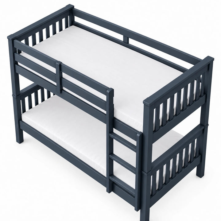 [Blue] High angle view from above showing both bunk mattresses, upper guard rails, the ladder and slatted end panels