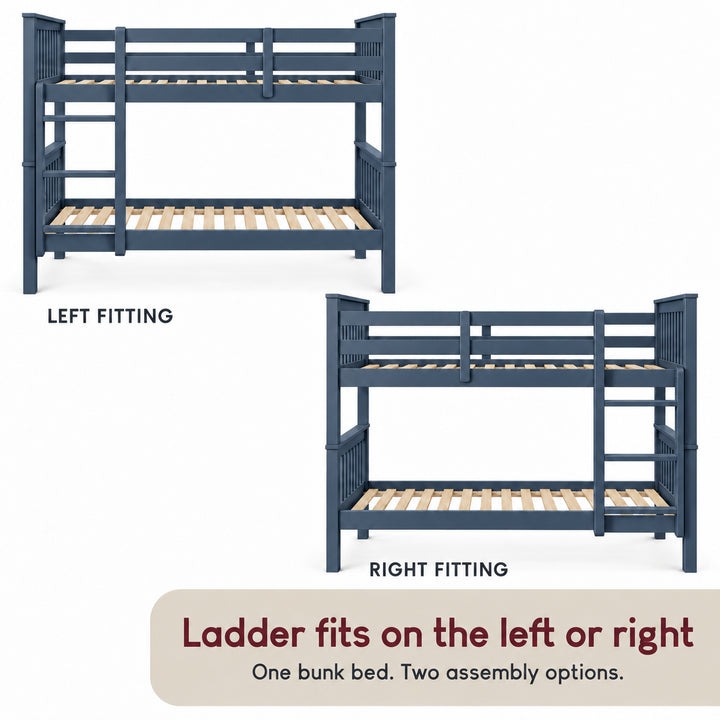 [Blue] Assembly guide showing the bunk bed with left and right ladder positions, upper guard rails, and exposed slats.