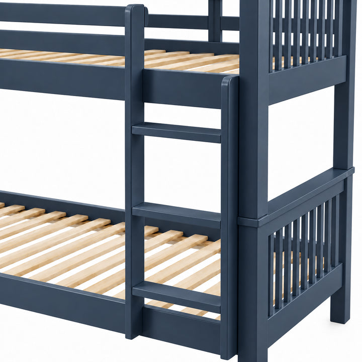 [Blue] Ladder close-up showing rungs, square side posts, slatted end panels, upper rail joints, and lower wooden slats.