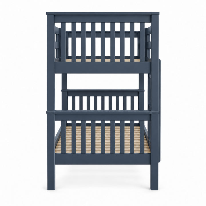 [Blue] Straight end view showing vertical end slats, square posts, both bunk levels, and the exposed lower base.