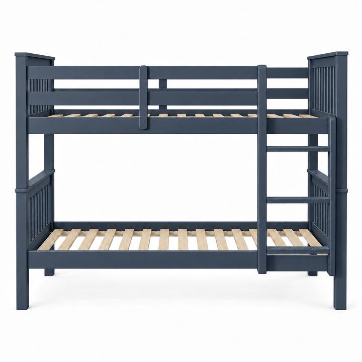 [Blue] Front view of the bunk bed showing ladder rungs, upper guard rails, slatted ends, and both slatted bases.