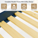 Close-up of blue wooden bunk bed with slats with icons highlighting easy to clean, breathability, and comfort features