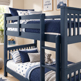 [Blue] Close-up of ladder, guard rails, slatted end panels and mattress on the top bunk