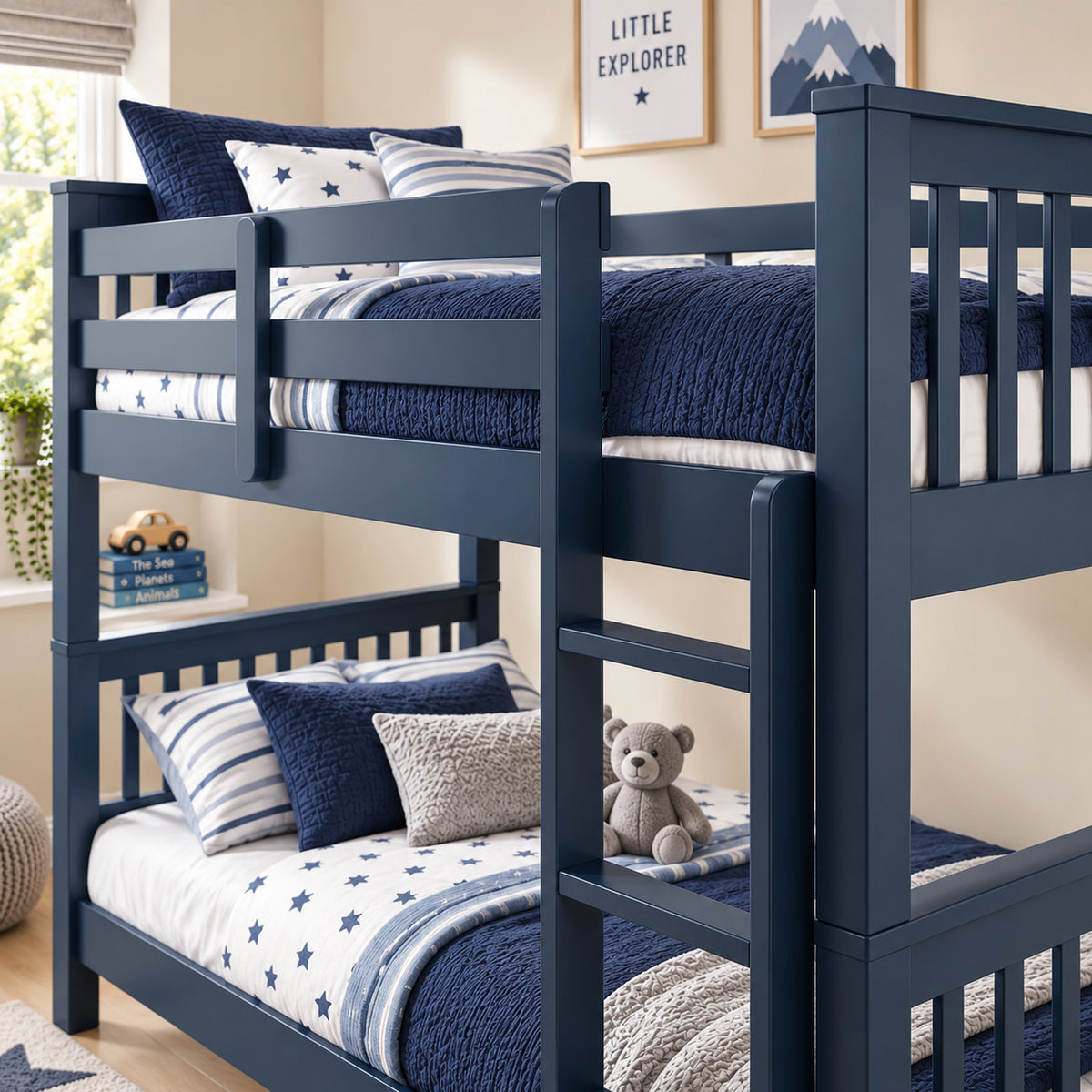 [Blue] Close-up of ladder, guard rails, slatted end panels and mattress on the top bunk