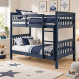 [Blue] Wooden bunk bed in kids room with ladder, guard rails and slatted ends