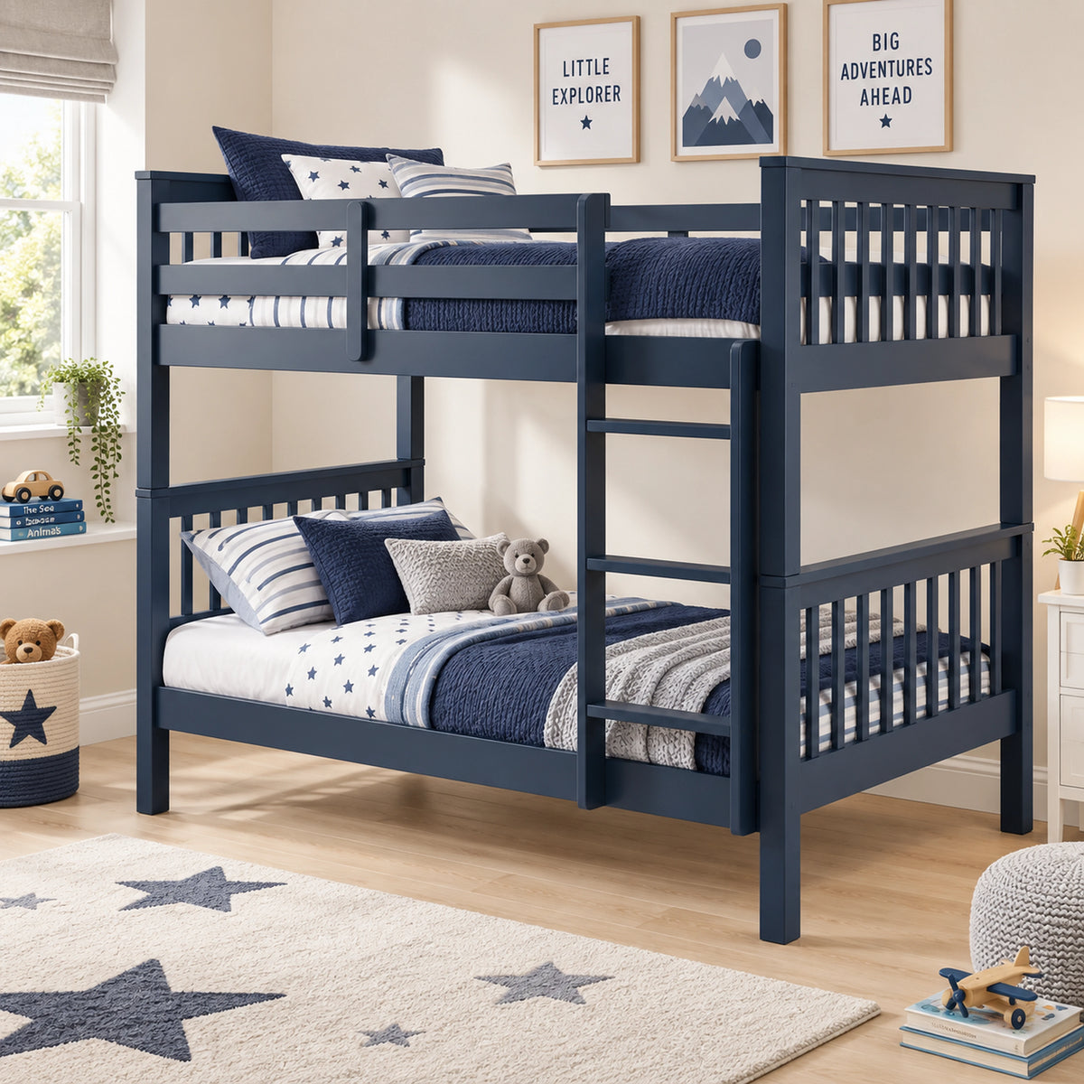 [Blue] Wooden bunk bed in kids room with ladder, guard rails and slatted ends