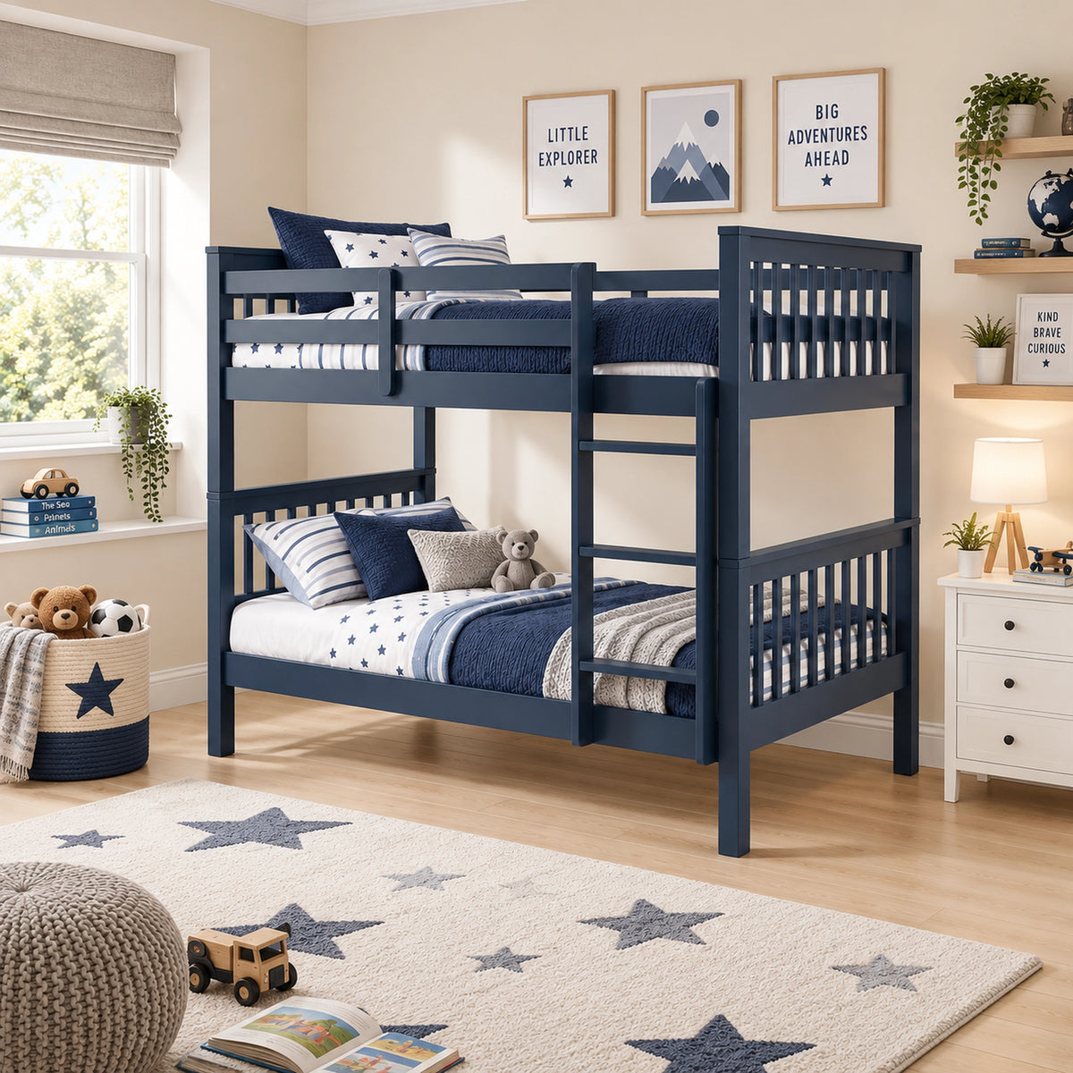 [Blue] Wide room view of bunk bed with right-side ladder, upper rails and lower bunk