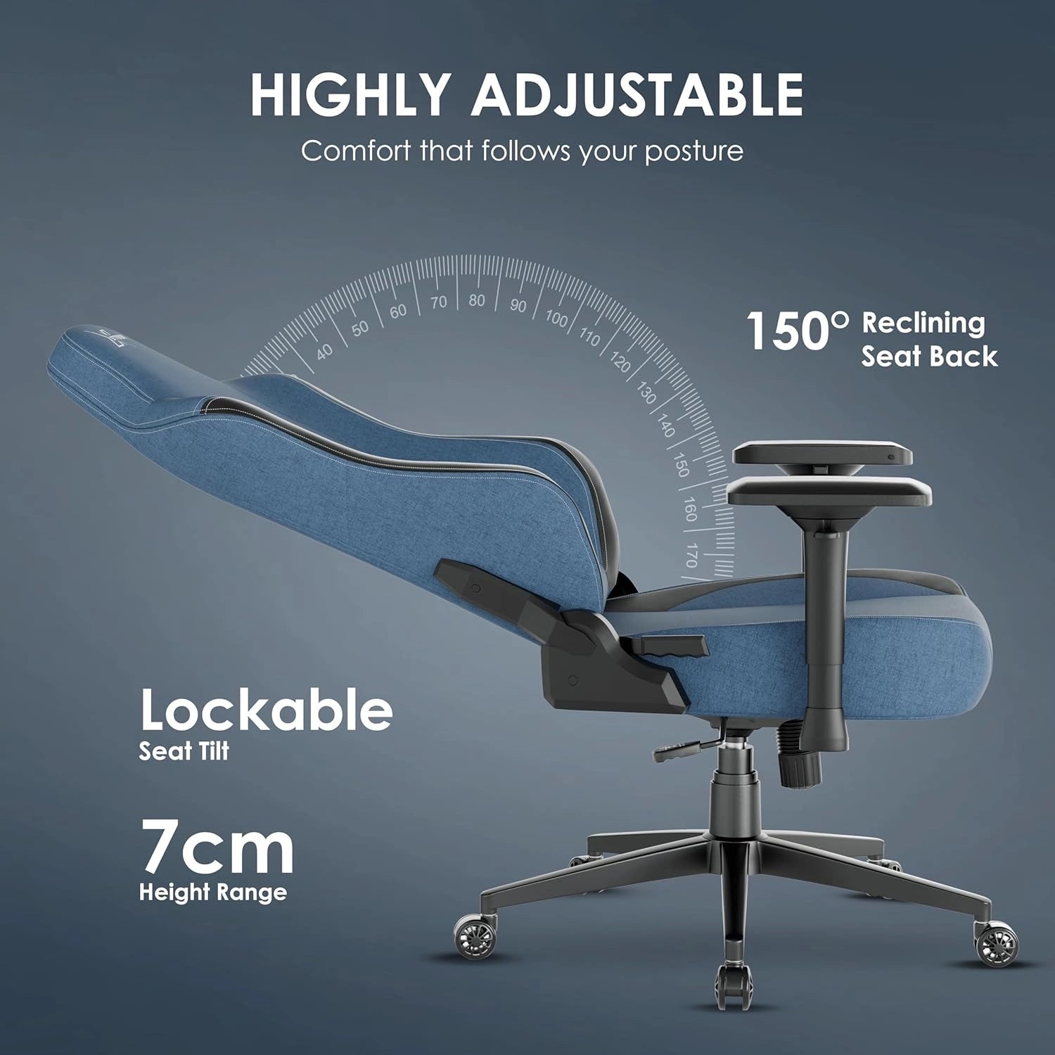 [Blue] ergonomic office chair with a reclining back, adjustable armrest, and features 'HIGHLY ADJUSTABLE', '150° Reclining Seat Back', 'Lockable Seat Tilt', and '7cm Height Range'.