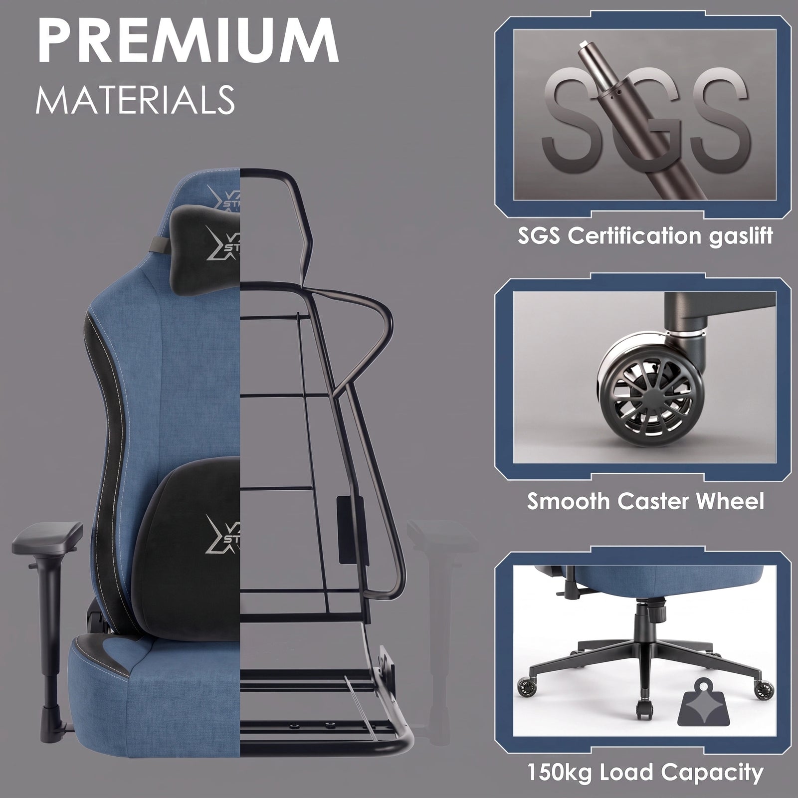 [Blue] Xstriker gaming chair built with premium materials including SGS certified gaslift, smooth caster wheels, and 150kg load capacity frame.