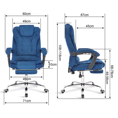 Blue swivel recliner chair with dimensions – ergonomic design with adjustable features for comfort.