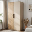 [Oak+Cashmere] Blythe 2 Door Wardrobe with Shelves and Hanging Rail styled beautifully next to a bed setup.
