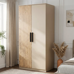 [Oak+Cashmere] Blythe 2 Door Wardrobe with Shelves and Hanging Rail styled beautifully next to a bed setup.