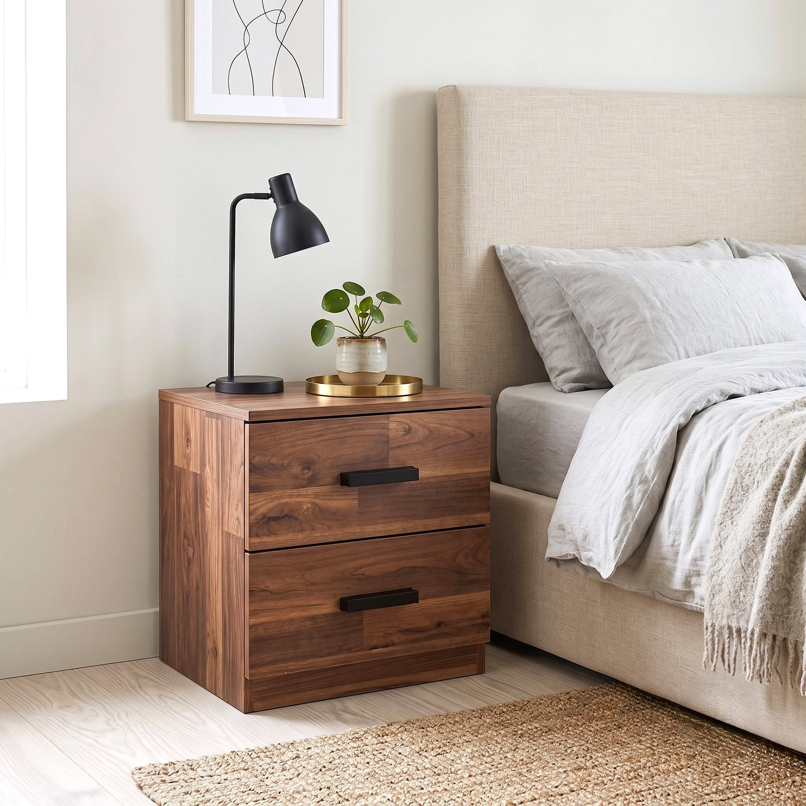 [Dark Bronx] 2 drawer bedside table with rich wood grain finish and black handles for modern bedroom.