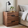 [Dark Bronx] 2 drawer bedside table with wood grain finish and black handles in modern bedroom setting