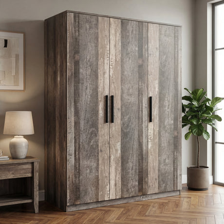 [Ash Grey] Blythe wardrobe in bedroom setting beside a lamp on side table and potted plant