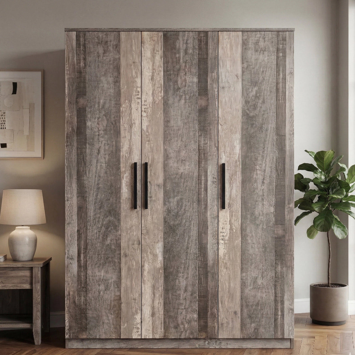 [Ash Grey] Blythe wardrobe in bedroom setting beside a lamp on side table and potted plant