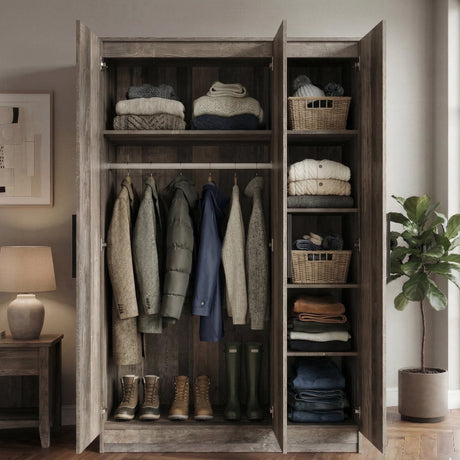 [Ash Grey] Open Blythe wardrobe showing hanging coats on left and folded clothes on right shelves