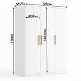 [White] Dimensional diagram showing overall height, width, depth, and door measurements for the Blythe 3 Door Wardrobe.
