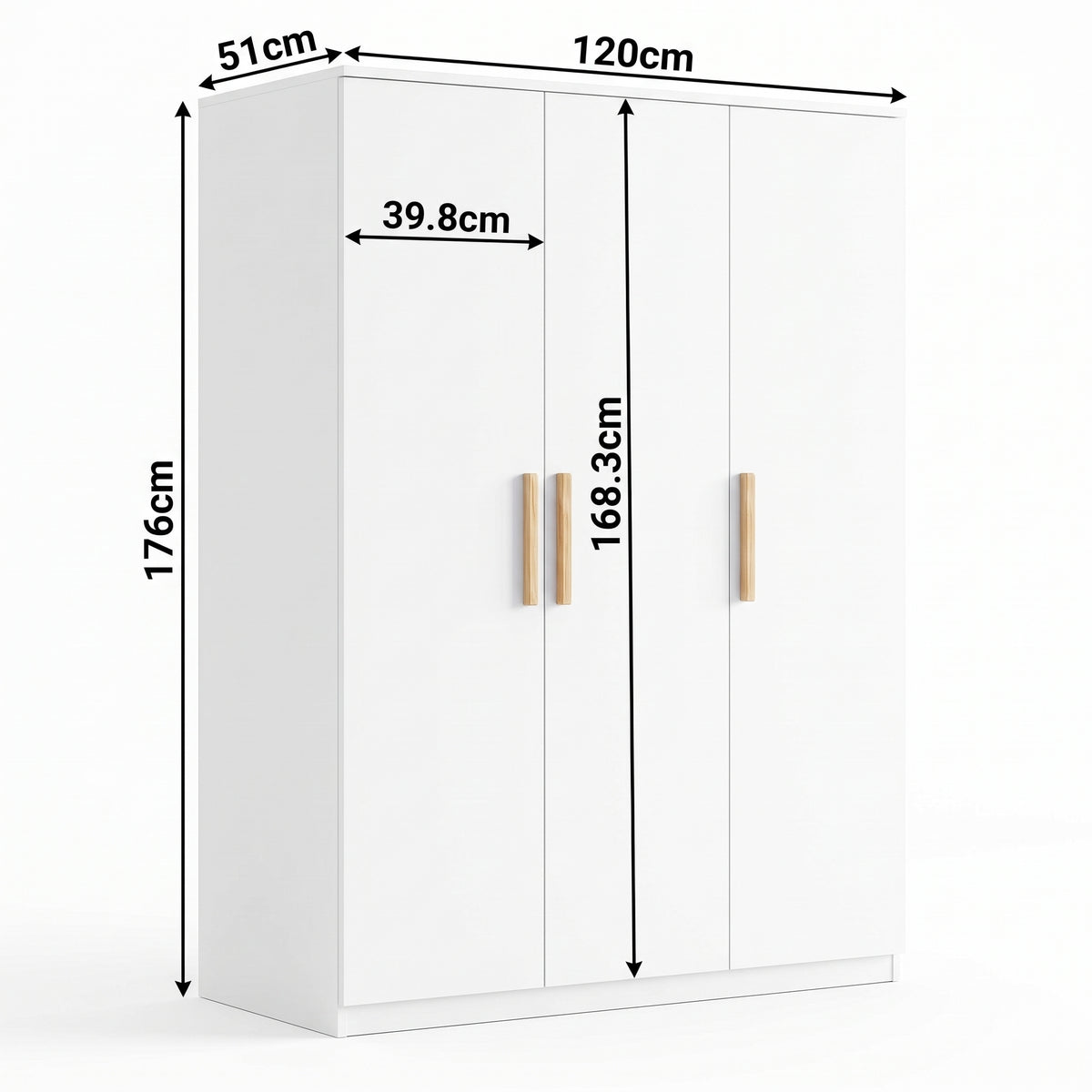 [White] Dimensional diagram showing overall height, width, depth, and door measurements for the Blythe 3 Door Wardrobe.