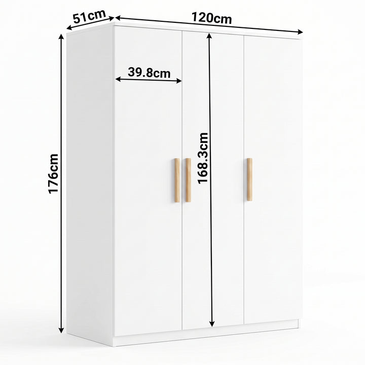 [White] Dimensional diagram showing overall height, width, depth, and door measurements for the Blythe 3 Door Wardrobe.