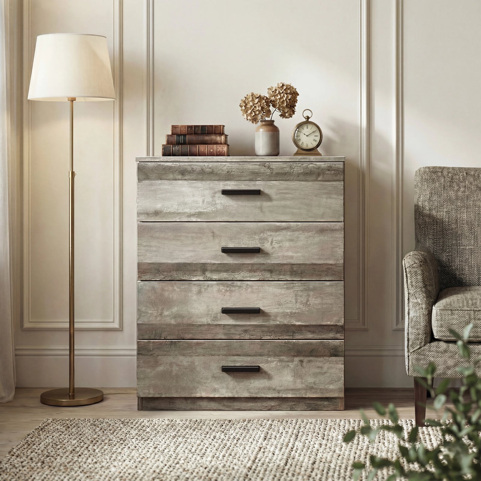 [Ash Grey] Blythe bedroom furniture set 4 drawer chest with grey wood-effect grain on drawer fronts and plinth base