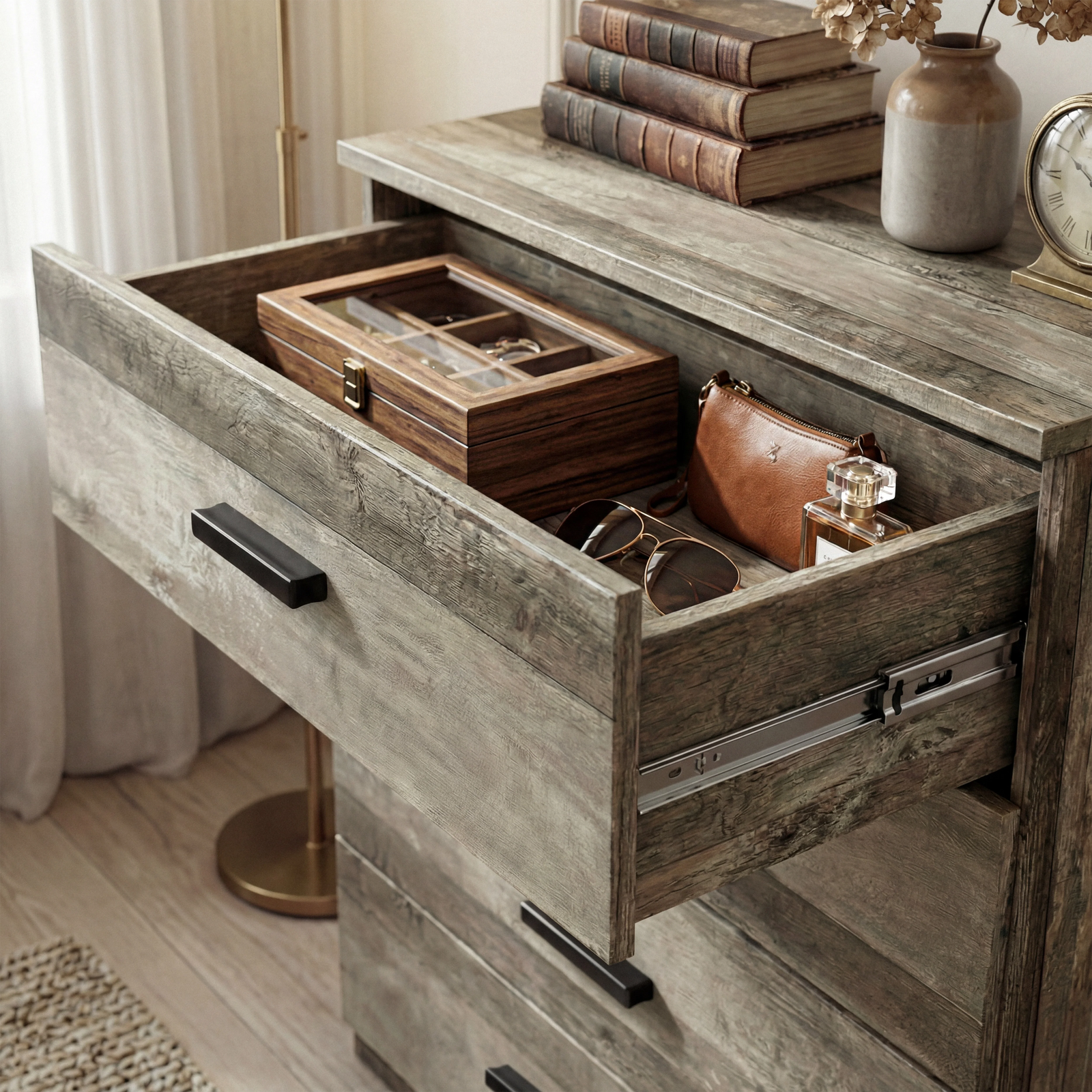 [Ash Grey] Close detail of the Blythe bedroom furniture set chest top drawer open showing contents inside