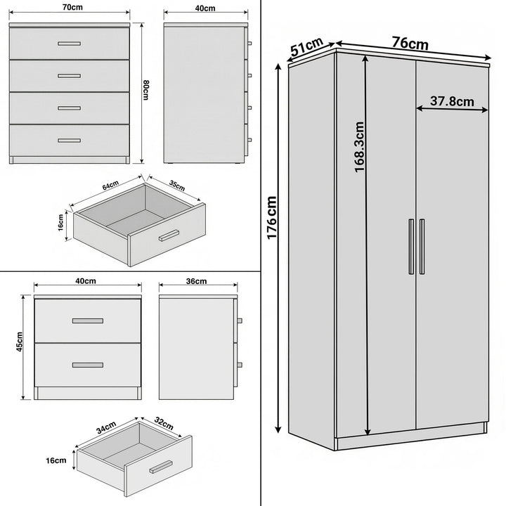 [Ash Grey] Blythe bedroom furniture set size guide: wardrobe, 4 drawer chest and bedside with W, D and H labelled