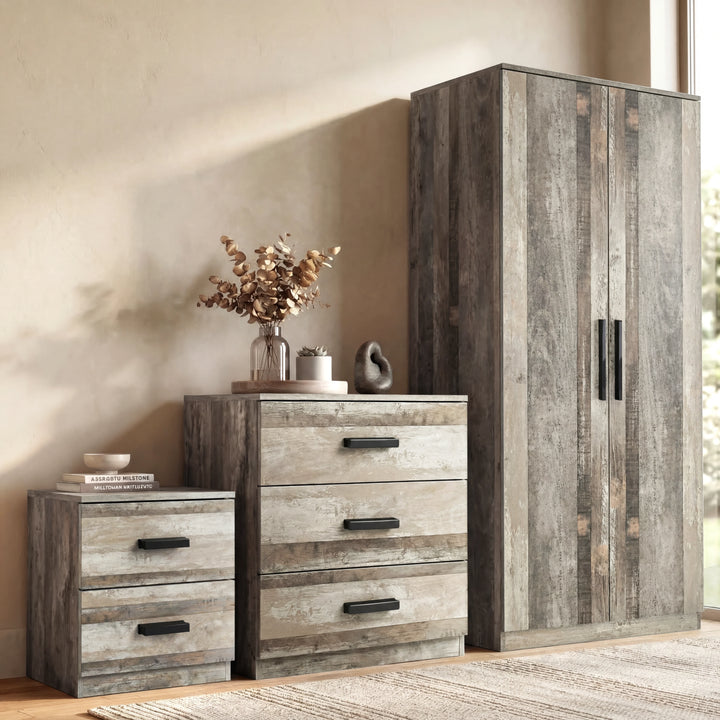 [Ash Grey] Blythe bedroom furniture set with black bar handles on all 3 pieces and horizontal grey wood grain
